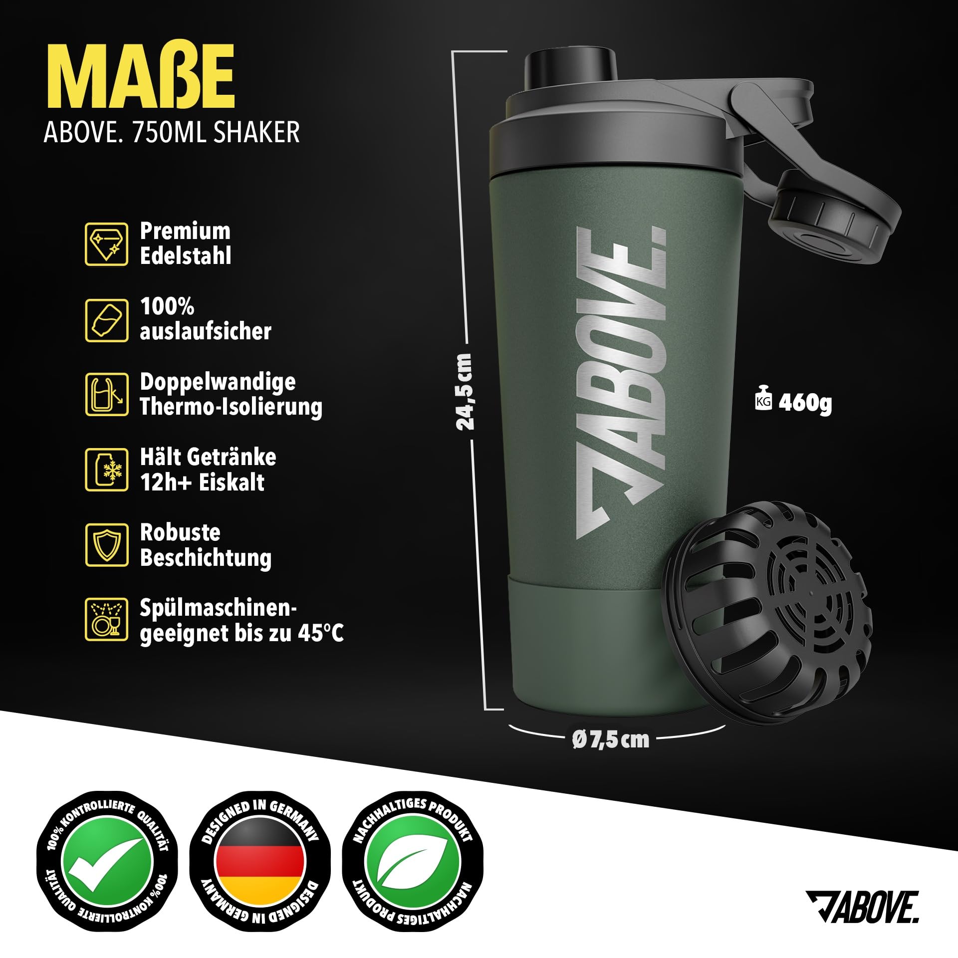 ABOVE. Protein Shaker Edelstahl 750ml – BPA-frei & isolierend: hält Shakes 12H eiskalt – integrierte Skala & 100% auslaufsicherer Deckel – robust & langlebig – spülmaschinengeeignet bis 45°C (Olive)