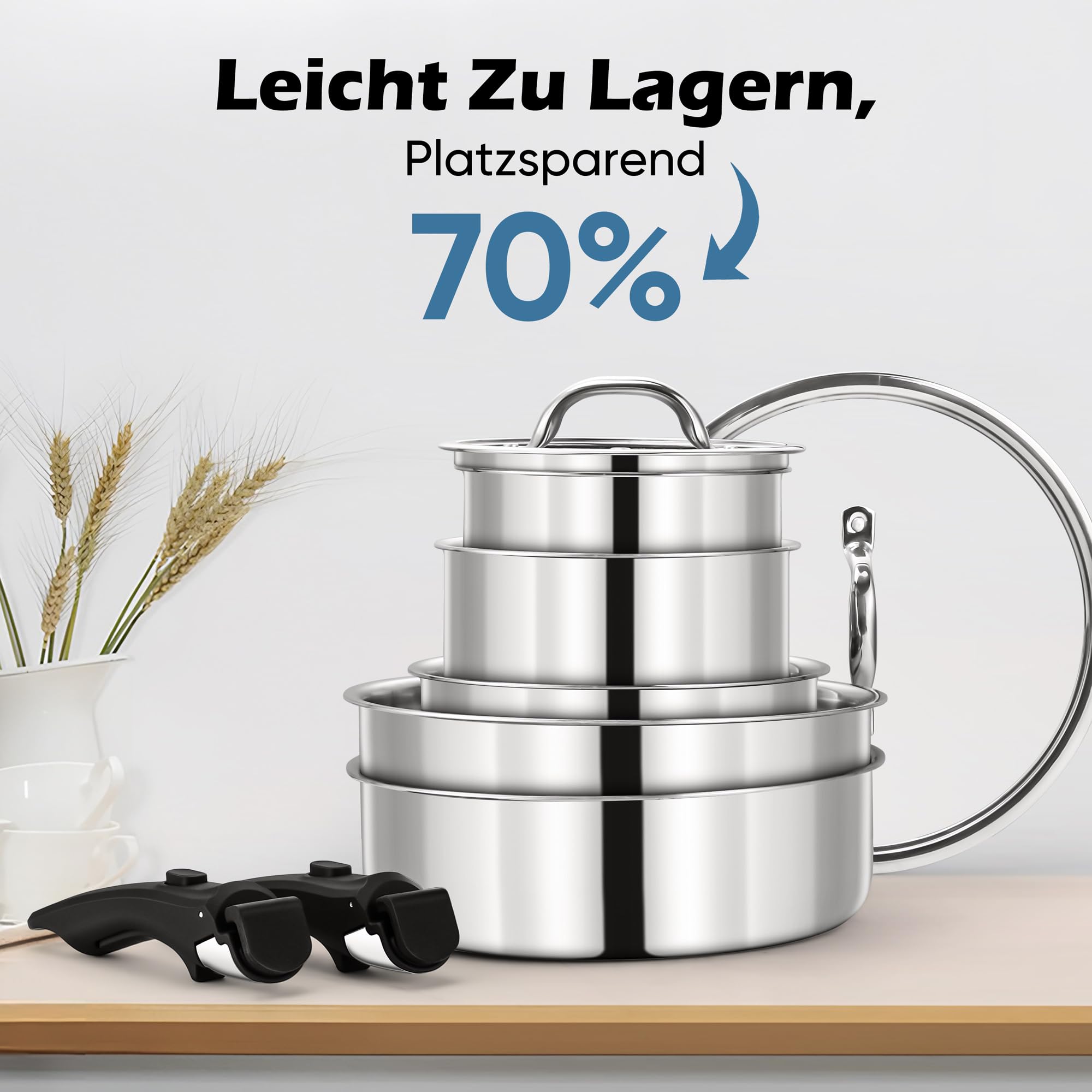 Joyfair Topfset, 9-Teilig Edelstahl Pfannenset mit Abnehmbarer Griff, Stapelbar Induktion Topfsets mit Bratpfanne, Kochtopf, Schmortopf und Deckel, für Alle Herdarten, Backofenfest & Spülmaschinenfest