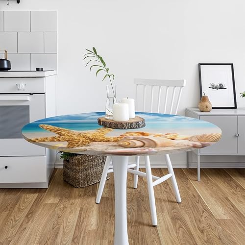 Miniatura 7 de Mantel Redondo con Elástico para Mesa de Playa, Diseño de Estrella de Mar, Cubierta de Mesa Circular, Impermeable, Lavable, de Poliéster, Pequeñas