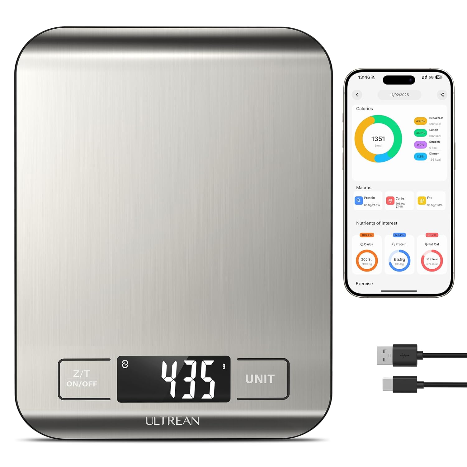 Ultrean Smart Food Kitchen Scale with Nutritional Calculator, Free App for Macro & Calorie Tracking, AI Scan, Digital Grams and Ounces for Weight Loss, Rechargeable, Stainless Steel, 33lb /15kg