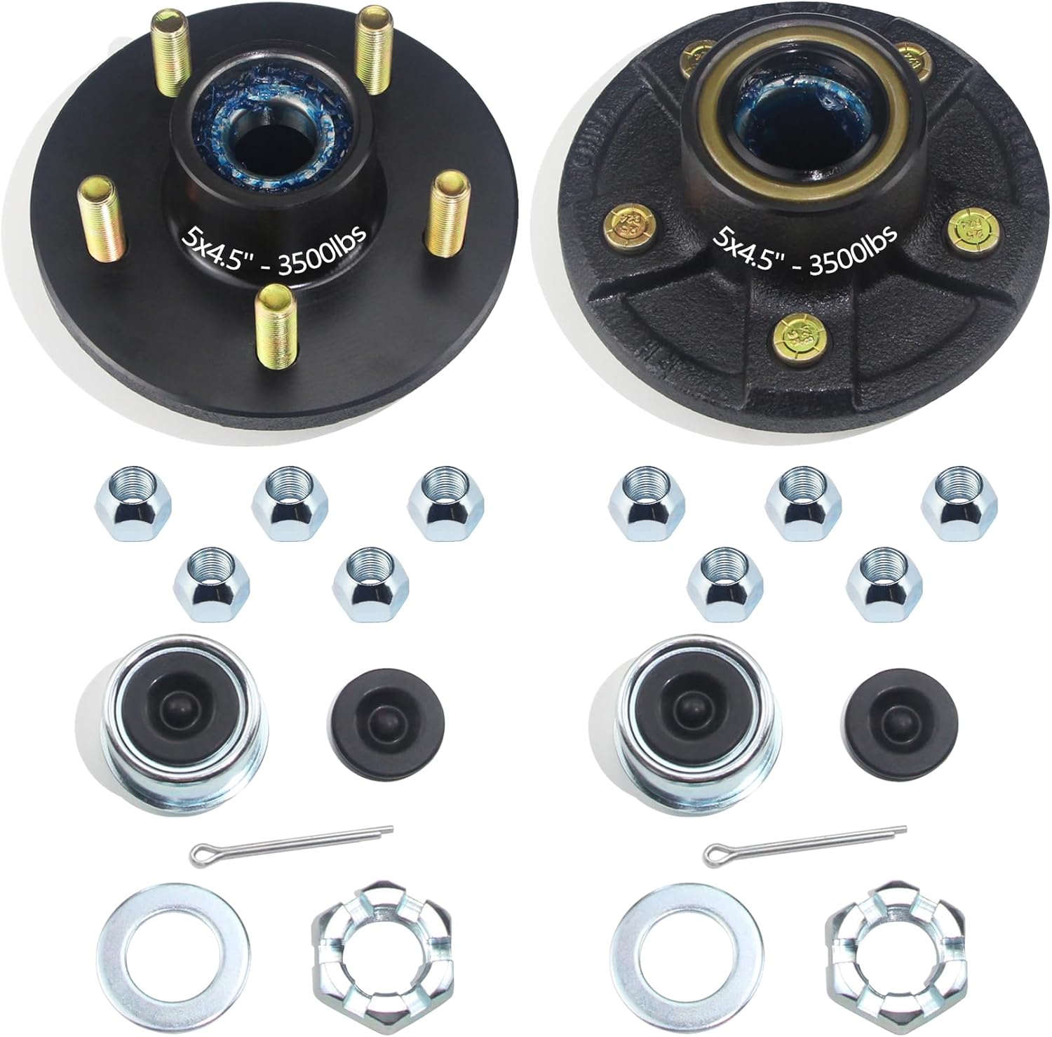 2 Sets Trailer Hub Kits 5 on 4.5'' for 3500 lbs 1-1/16'' to 1-3/8'' #84 Tapered Axle, Prelubricated L44649 L68149 Bearings 5x4.5 Trailer Replacement Idler Hub 5 Lug Bolt Trailer Wheel Hub Kit
