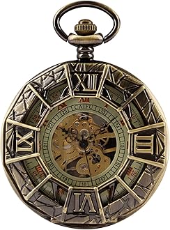 Antique Mechanical Pocket Watch for Men，Irregular Octagon Skeleton Pocket Watch, Roman Numeral Dial with Chain + Box