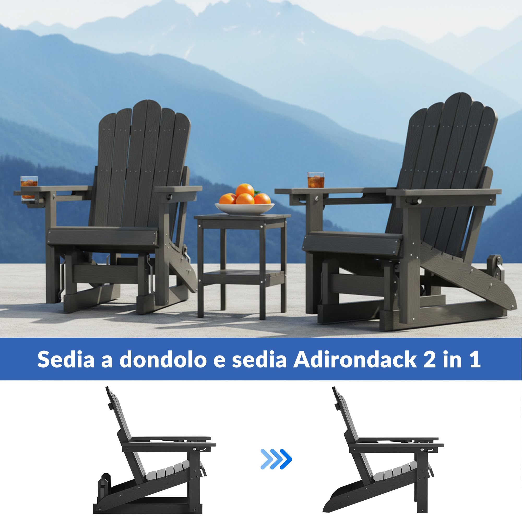 Sedia a dondolo Adirondack con schienale regolabile,sedia a dondolo per patio in simil-legno resistente alle intemperie con portabicchieri, meccanismo di oscillazione fluido,capacità di peso 200 kg