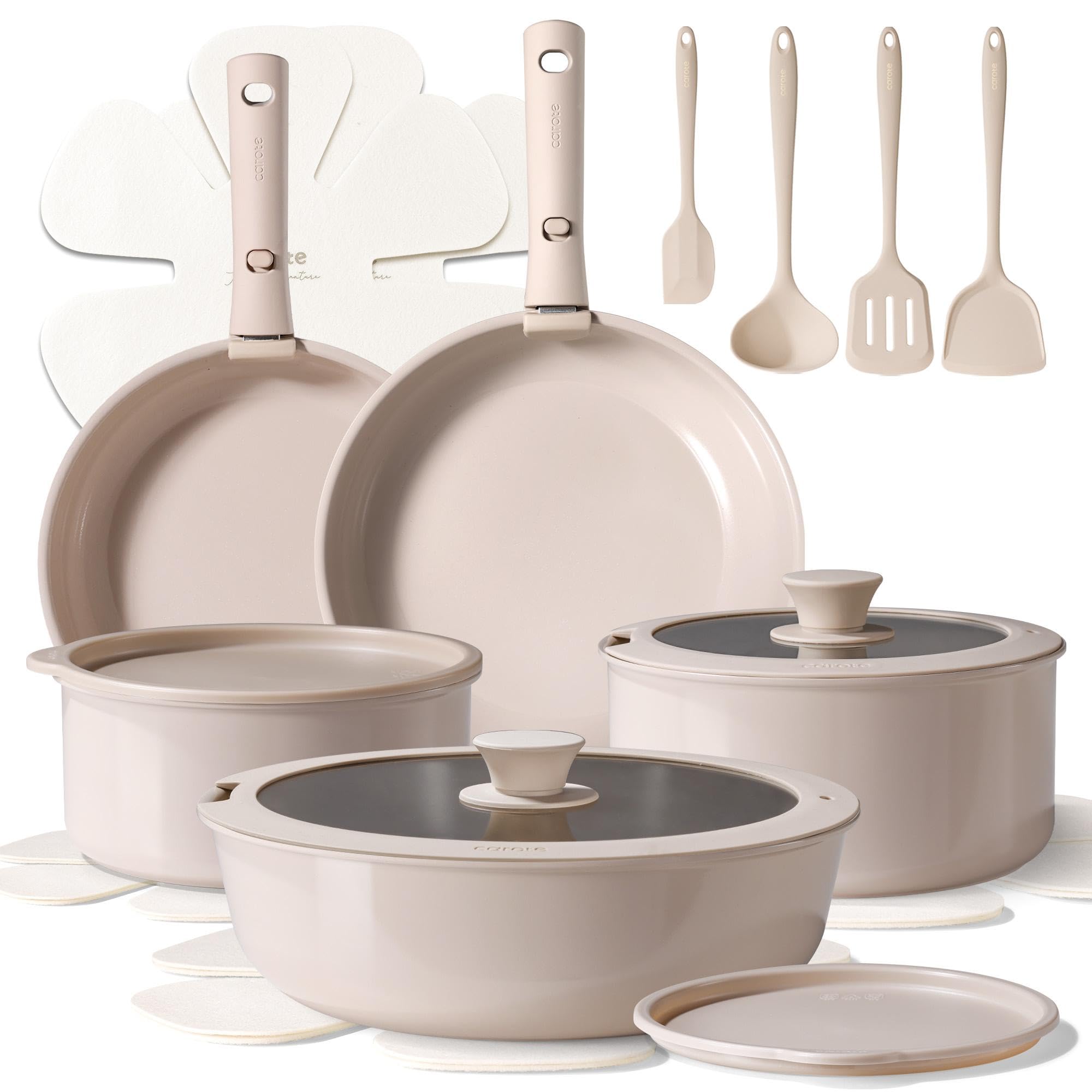 CAROTE Ceramic Cookware Sets, Pots and Pans Set Non Stick Non Toxic, Induction Cookware, Kitchen Cookware Sets, Pots Set for Healthy Coooking 15PCS, Taupe