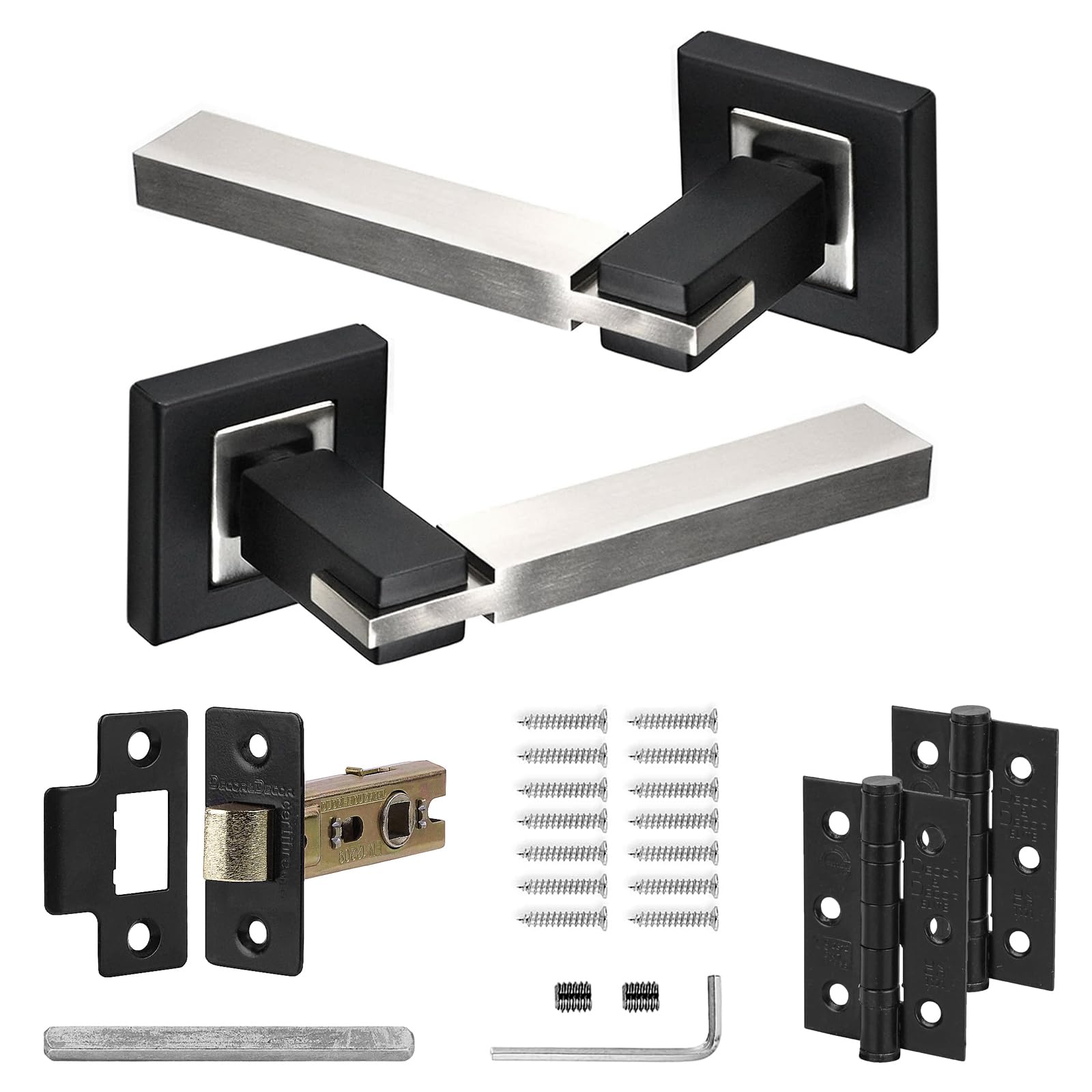 Nexus Door Handle Lever Set Duo Colour on 54mm Square Rose - Aluminium - Latch and Hinge Kit