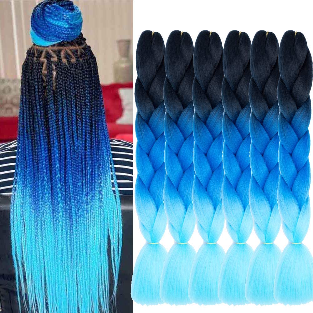 6 Packs Ombre Jumbo Braiding Hair Extensions 24 Inch High Temperature Synthetic Fiber Hair Extensions for Box Braids Braiding Hair (Black to Blue to Light Blue)
