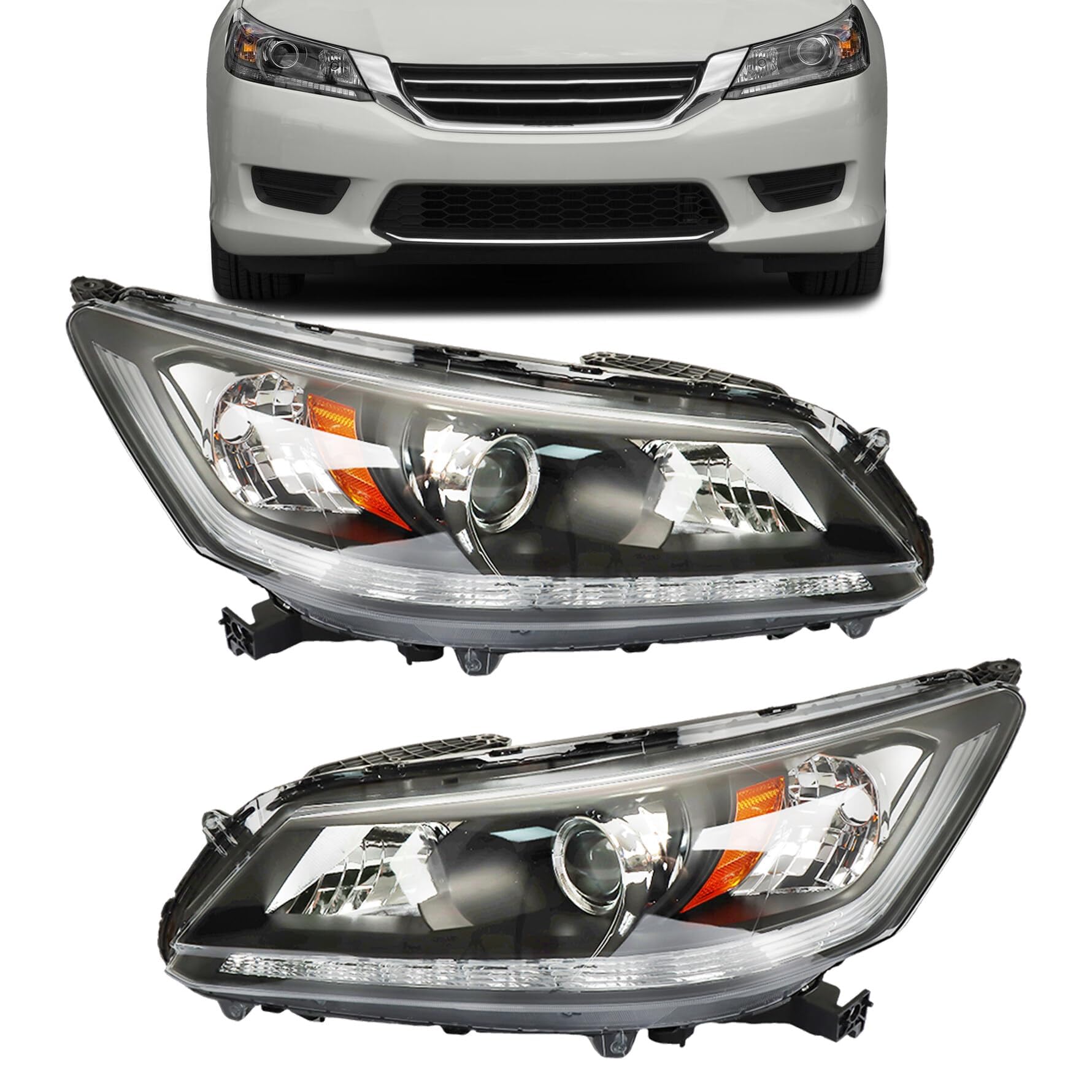 munirater 1 Pair Headlights Replacement for A-ccord Sedan 2013 2014 2015 Headlamp DRL Halogen Black Driver and Passenger Side RH&LH
