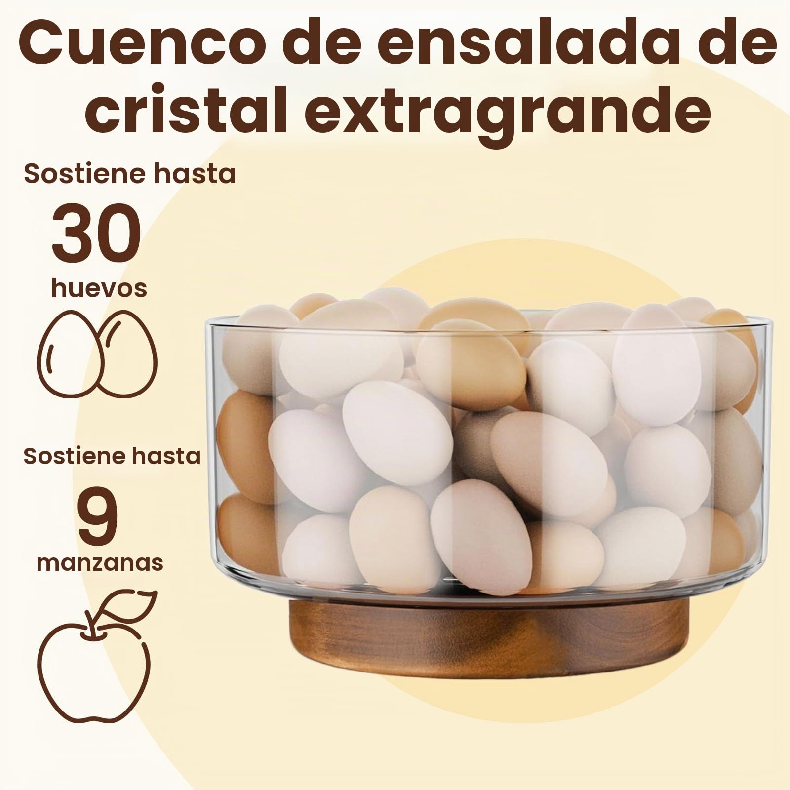 Bol Cocina Cristal 23cm 3700ml Bol Ensalada Grande Bol de Mezcla Ensaladera Cristal con base de Madera Apto para Lavavajillas Microondas para Preparar, Servir y Mezclar + 1x Cuchala 1x Tenedor | Cuenco grande de cristal, ensaladera de cristal extragrande