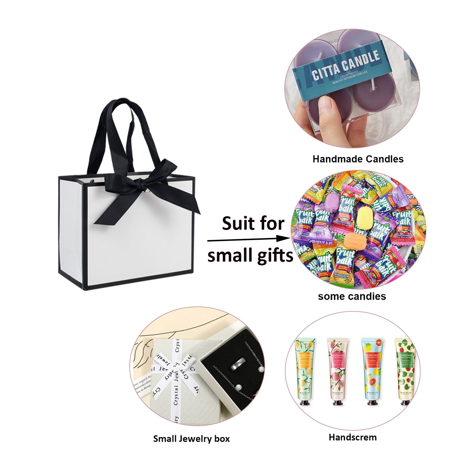 TKSBAG 50 PCS Small White Black Gift Bags with Handles, 6.4×3.1×5.1 Inch Thank You Bags with Bow Ribbon for Baby Shower, Bridal Shower, Wedding, Party Favors, Mother's Day