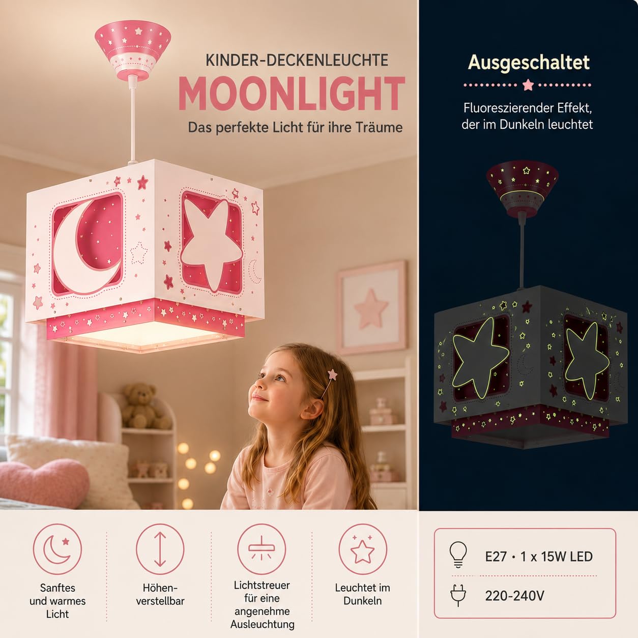 Dalber Kinder Pendelleuchte Moonlight Mond Sterne Rosa 63232MS