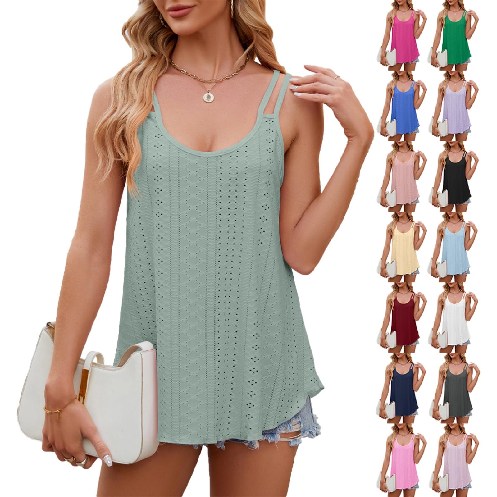 2025 - Camiseta sin mangas para mujer, con bordado de ojales, ropa de verano, cuello redondo, camisas fluidas