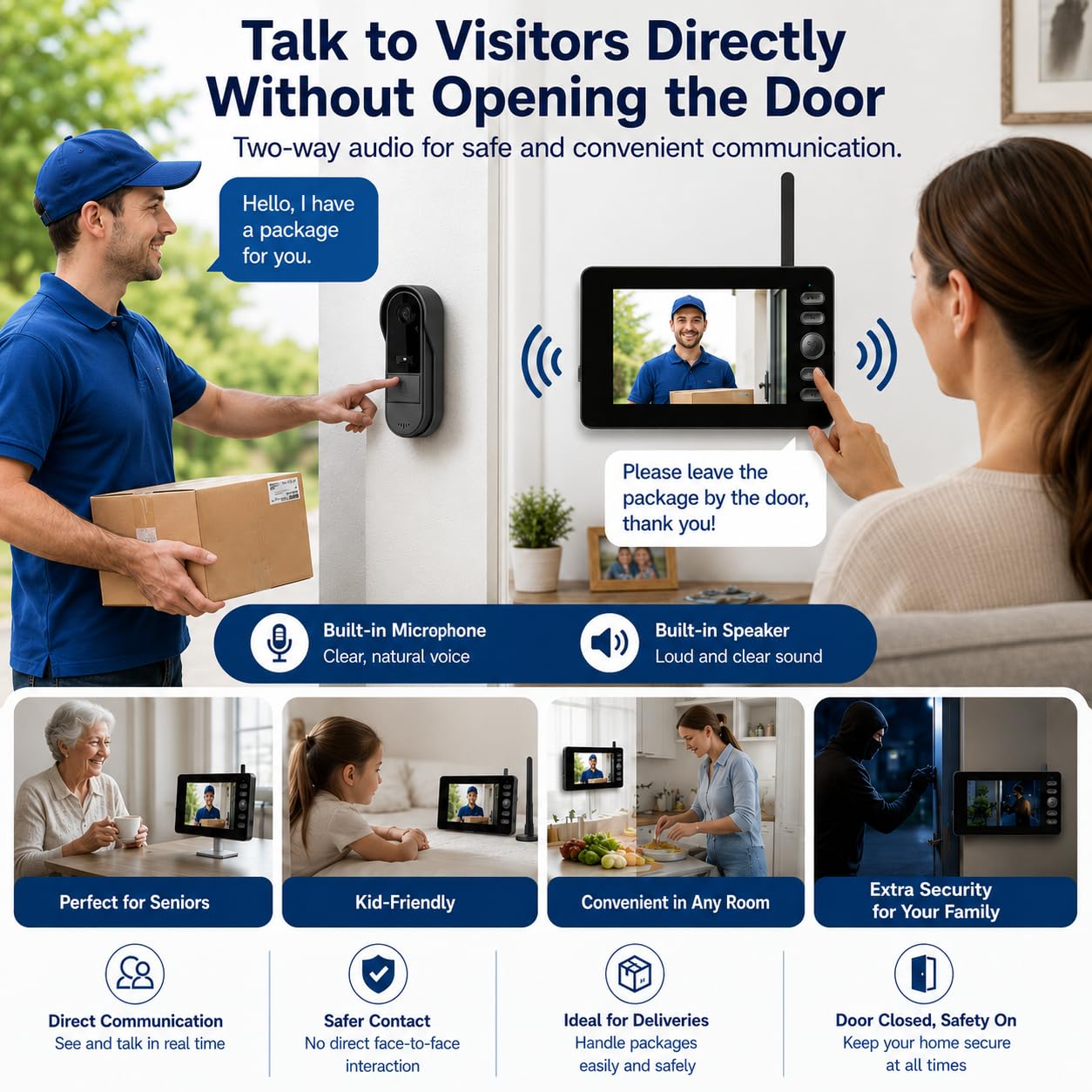 Timbre con Camara Exterior 1080P Videoportero Inalambrico con Pantalla IPS de 4,3 Pulgadas de Video, Audio Bidireccional, Visión Nocturna, 170° Gran Angular, Conexión Bluetooth, No Requiere WiFi