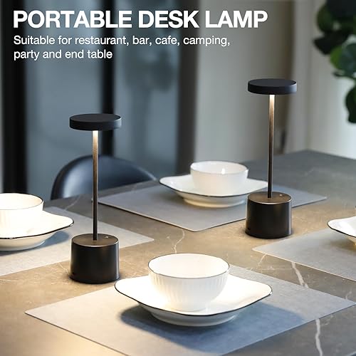 Miniatura 5 de Lámpara de mesa inalámbrica negra, lámparas recargables de 4000 mAh, atenuación continua de 3 colores, lámparas LED inalámbricas para exteriores