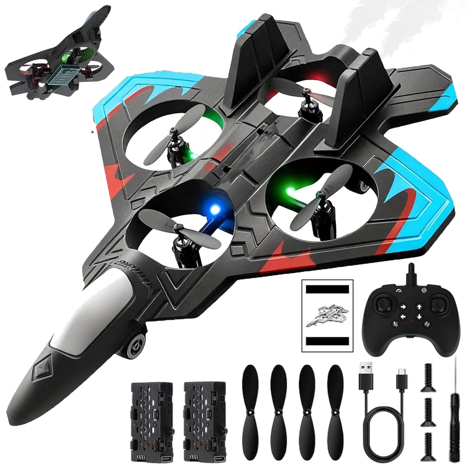 CIVIGY Rc Jet with 360° Flips & Led Lights, Foam Remote Control Airplane, Christmas Fighter Jet Helicopter, Stunt Rotation Altitude Hold Jet Aircraft Drone Toy for Adult Kids Boy (2 Battery,Blue)