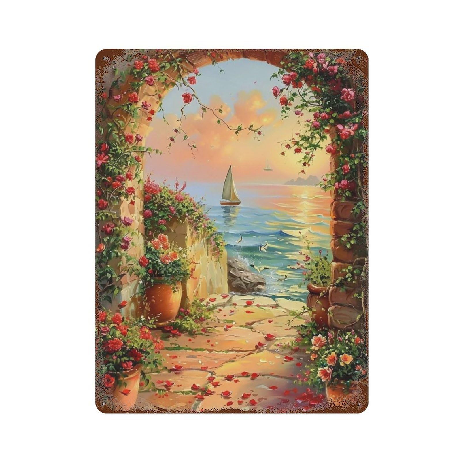 Hduryeyryy Multicolour Mediterranean Rose Path 01 Wall Retro Iron Vintage Art Metal Tin Sign Poster Modern Home Cofffee Club Art Bar Shop Decor 40X30cm