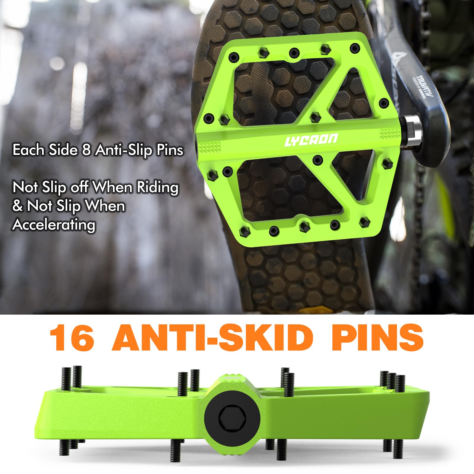 LYCAON Pedali bici da strada/mountain bike, Pedale per Bicicletta Fibra di Nylon Antiscivolo CR-MO, 3 Cuscinetti CNC per 9/16" BMX MTB, Pedali a Piattaforma Piatta Leggeri e Larghi