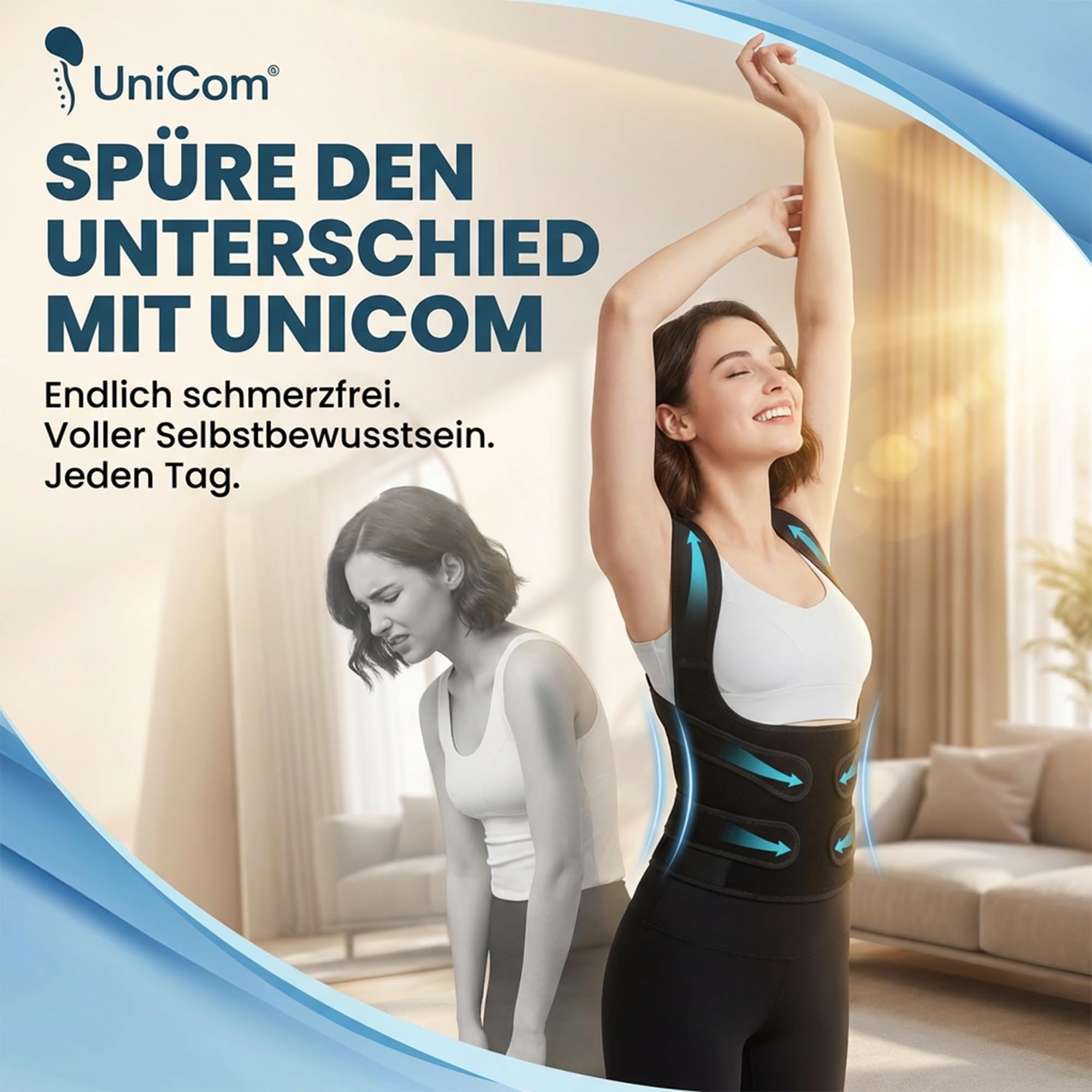UniCom Corrector de postura para mujeres y hombres: cinturón de soporte lumbar, vendaje para hombros, soporte recto de espalda, espalda y espalda, correa para la espalda, correa para el hombro