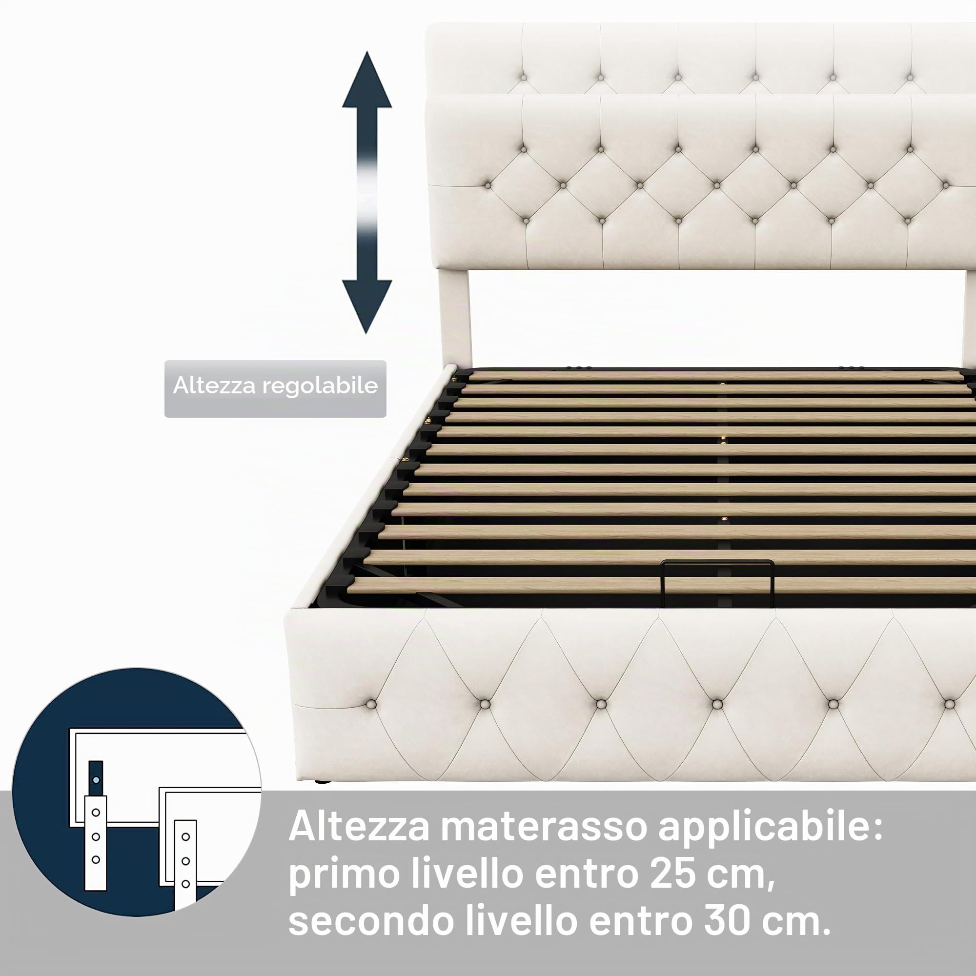 BRILVERDE Letto imbottito 160 x 200, letto matrimoniale con spazio e rete a doghe, letto idraulico, testiera regolabile, velluto (Beige, 160x200cm)