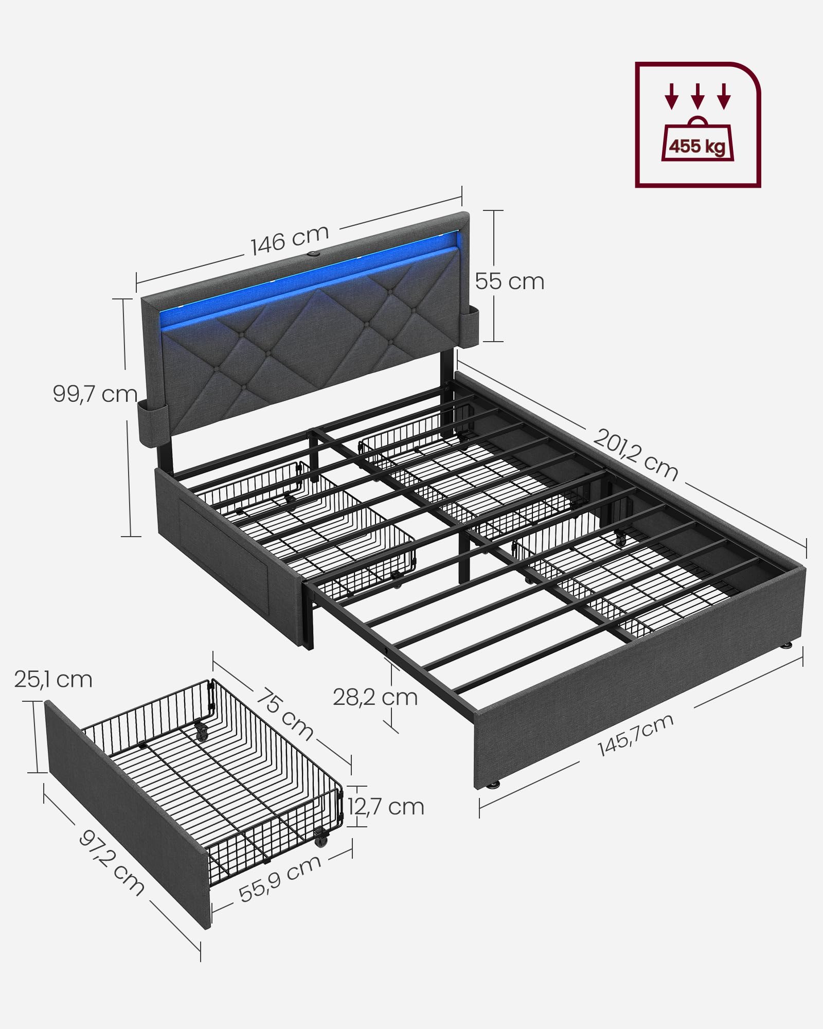VASAGLE Lit Double, 140 x 190 cm, avec LED, en Métal, 4 Tiroirs, Multiprise, Tête de Lit Rembourrée Ajustable, Pas Besoin de Sommier, Gris Ardoise et Noir Mat RMB826G02