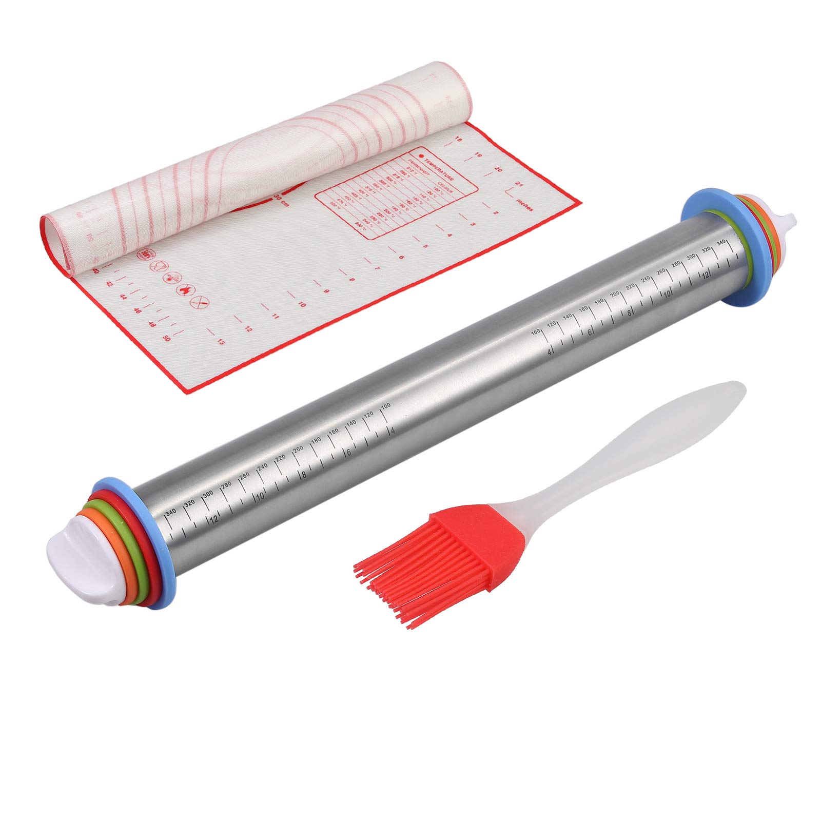 huiqixian 17"Adjustable Stainless Steel Rolling Pin with 4 Pcs Removable Rings & Silicone Dough Rolling Mat