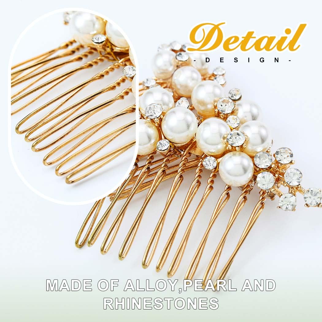 JEAIRTS Pearl Wedding Hair Comb Rhinestone Bridal Hair Accessories for Women (2-Gold)