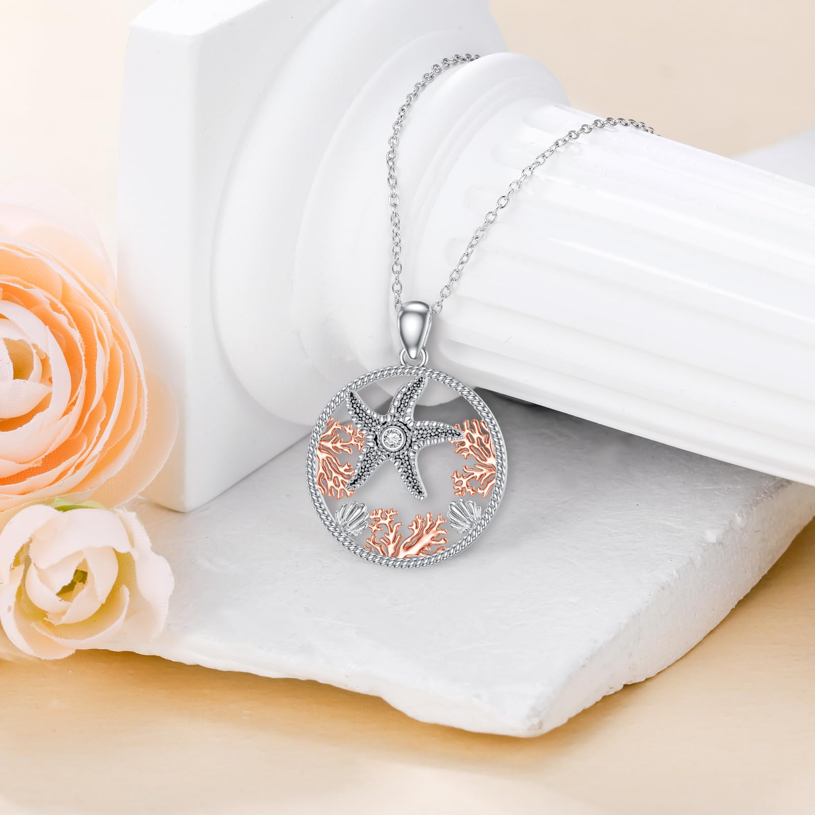Collar de estrella de mar con diamantes de plata de ley 925 cultivados en laboratorio, colgante de vida marina, joyería de animales oceánicos, regalos para mujeres, Plata esterlina, Diamante