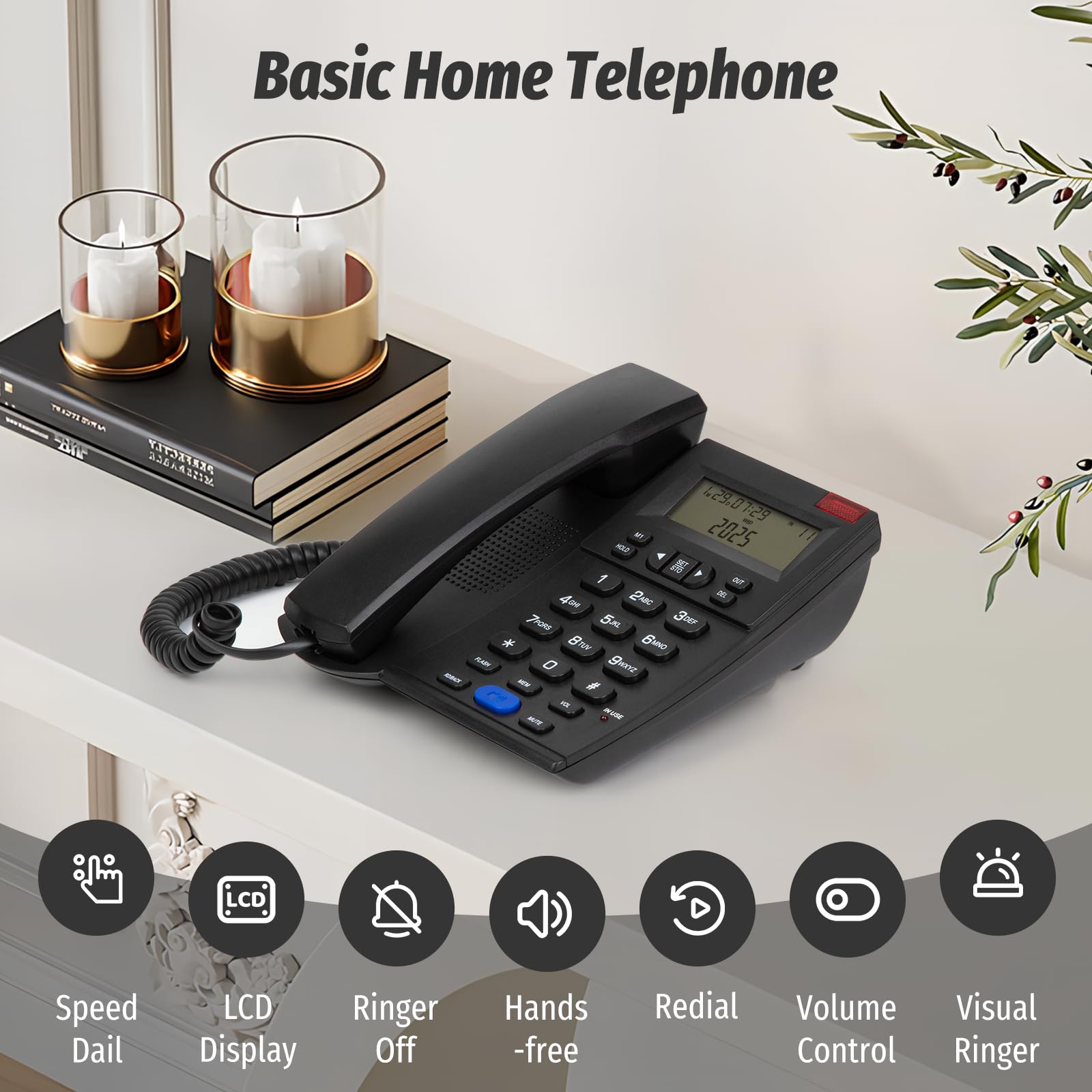 Condition photo showing New/Like New for corded landline telephone with caller id, loud ringer home phone with speaker, redial & speed dial, analog desk phone with adjustable ringer volume for home office
