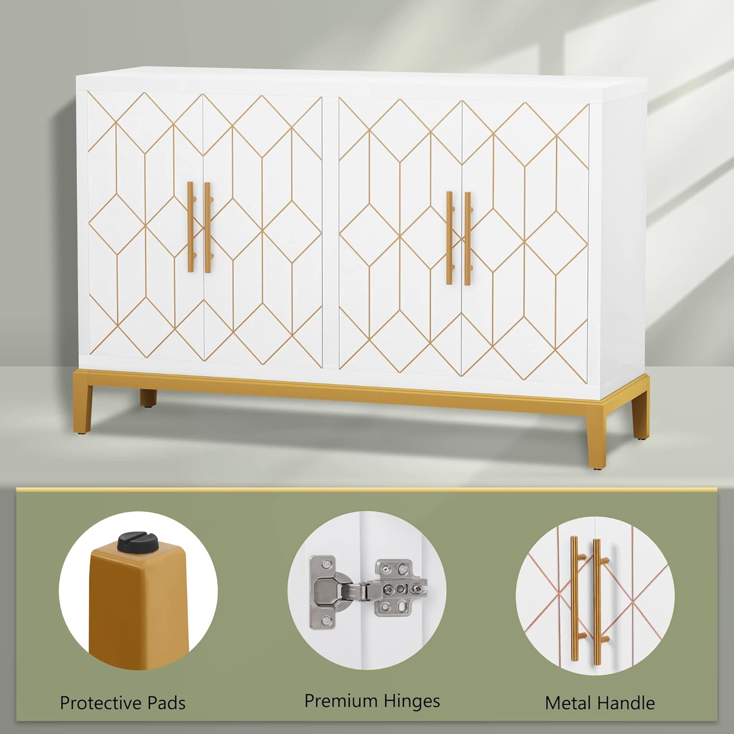 HLR Accent Cabinet with 4 Doors&Shelves, Sideboard Buffet Cabinet with Gold Trim, Modern White Storage for Living Room, Entryway, Kitchen, Dining Room, Hallway