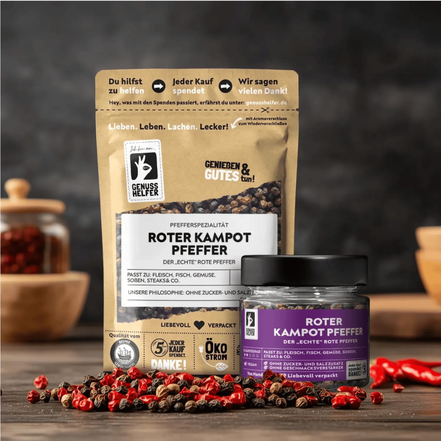 Bremer Gewürzhandel roter Kampot Pfeffer, ganz, roter Pfeffer für die Mühle, intensives Pfefferaroma zum Kochen, 10 x 50g