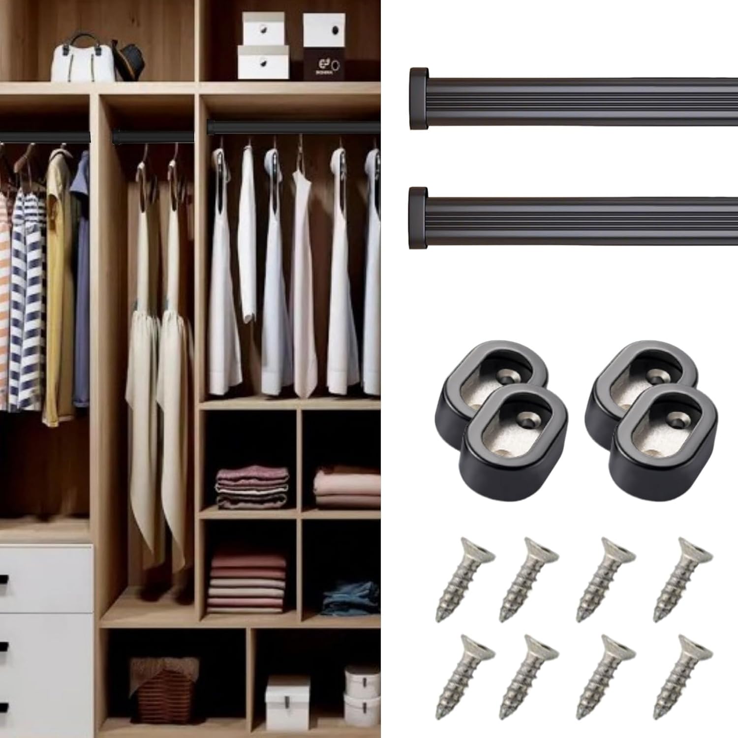 Set of 2 Heavy Duty Closet Rods for Hanging Clothes - Adjustable Wardrobe Poles (23-55 in) with Holders - Black 65cm/25.6in Ideal for Organizing Closets