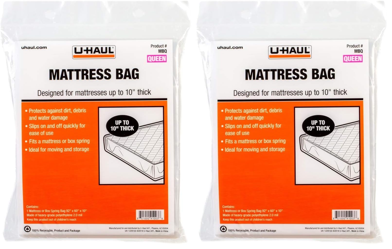 U-Haul Queen Mattress Bag – Heavy-Duty Plastic Protection for Moving &amp; Storage  – 92" x 60" x 10" (2-Pack)