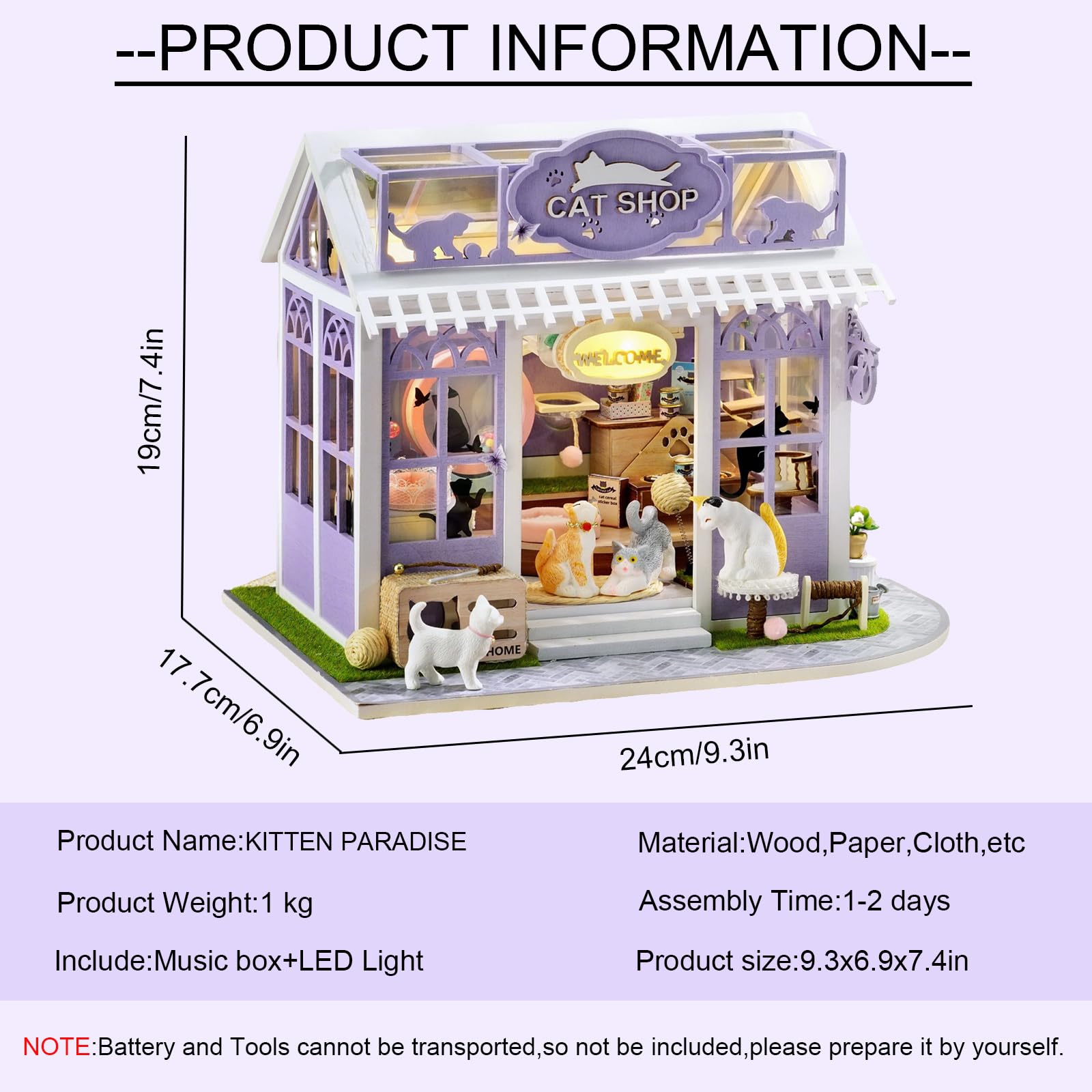 CUTEROOM Kit per casa in miniatura per adulti, mini kit di mobili in legno per casa delle bambole, kit fai da te per stanza creativa piccola casa per decorazione - Kitten Paradise