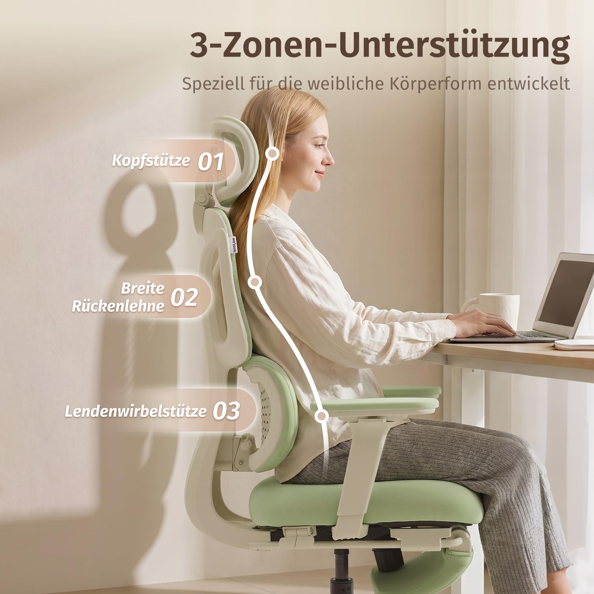 WELAX S3 Pro Ergonomischer Bürostuhl mit Netzbezug, Fußstütze und Verstellbarer Kopfstütze – Hochlehniger Schreibtischstuhl mit Lendenwirbelstütze für Homeoffice, Computer und Gaming, Grün