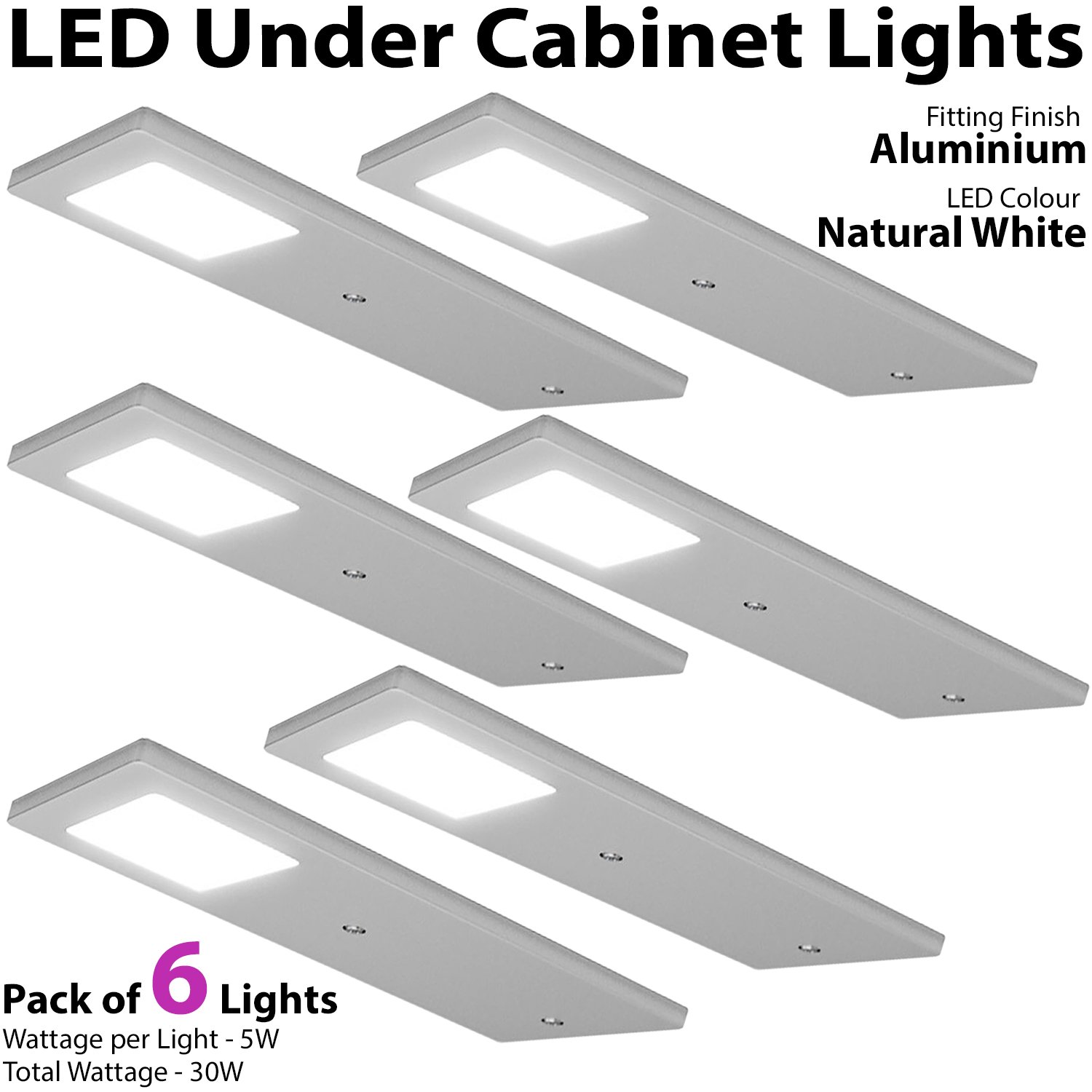 6 Stück | Helle 5 W LED Low Profile Unterbauleuchte & Treiber Kit | Aluminium & Naturweiß | Küchenarbeitsplatte Arbeitsplatte Schrank Einheit Unterbauleuchte | Moderne schlanke Beleuchtung