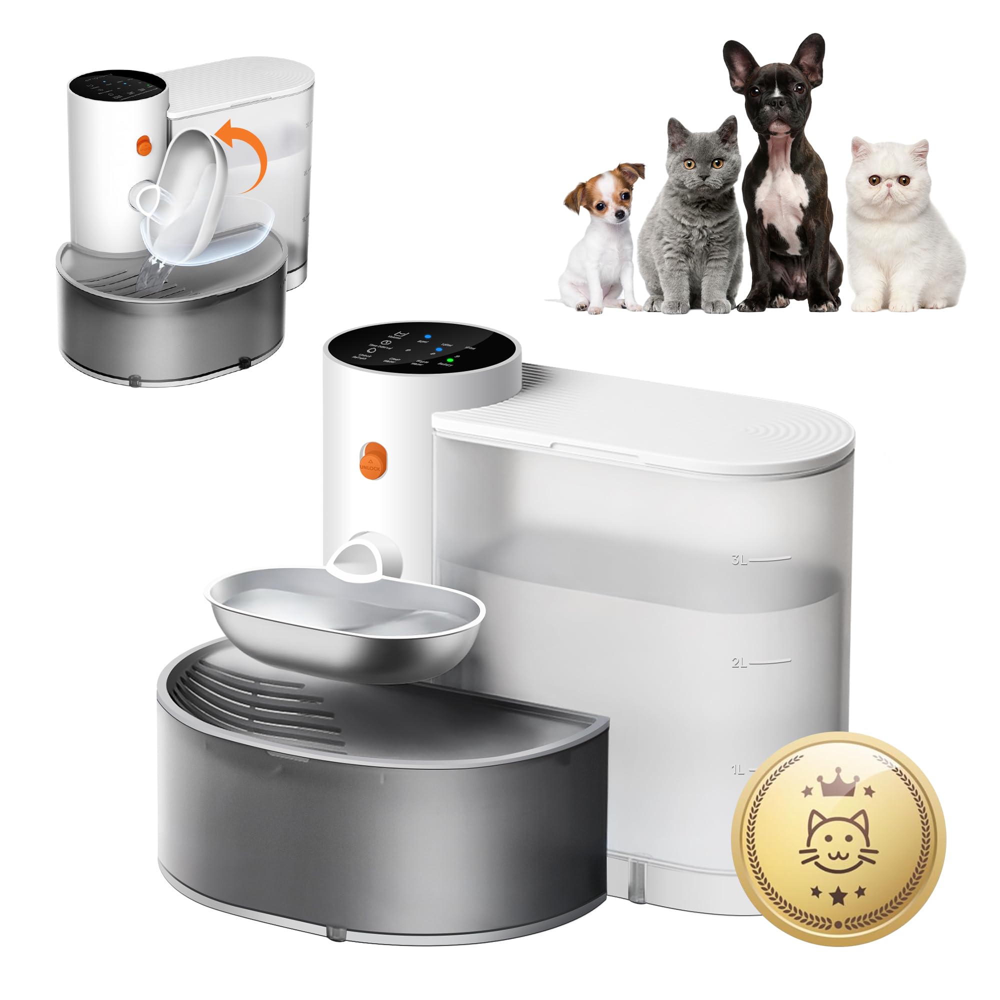 Potaroma - Fuente de agua inalámbrica inteligente para mascotas, cuenco de acero inoxidable, sin filtro, gran capacidad de 3.5 L, dispensador de agua automático recargable para gatos y perros pequeños