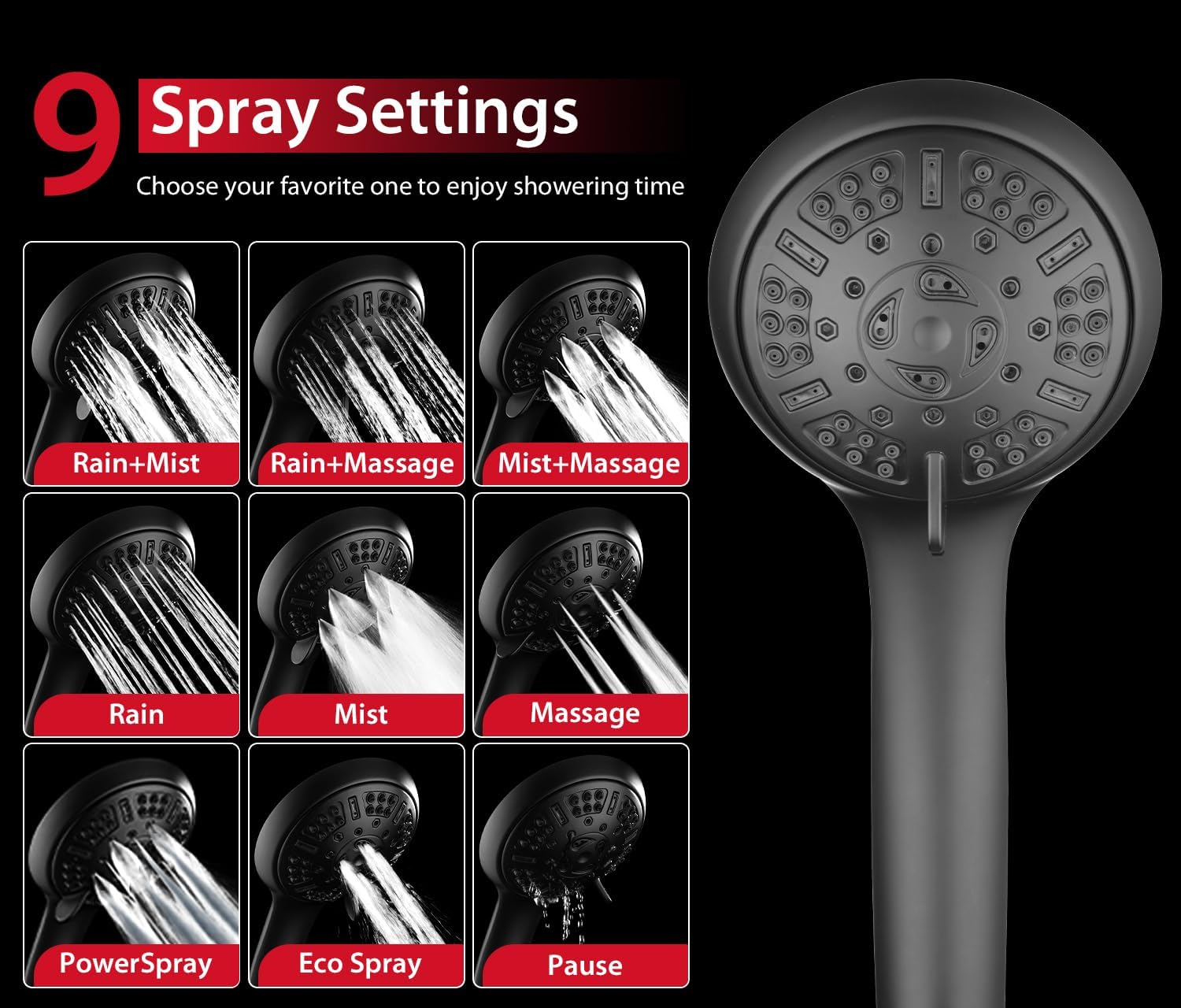  Shower Head with Handheld Spray - Dual High Pressure Showerhead | Rainfall Shower Heads Combo, Detachable Hand Shower, 9 Spray Settings, 60" Stainless Steel Shower Hose, 2.5GPM, Black thumbnail