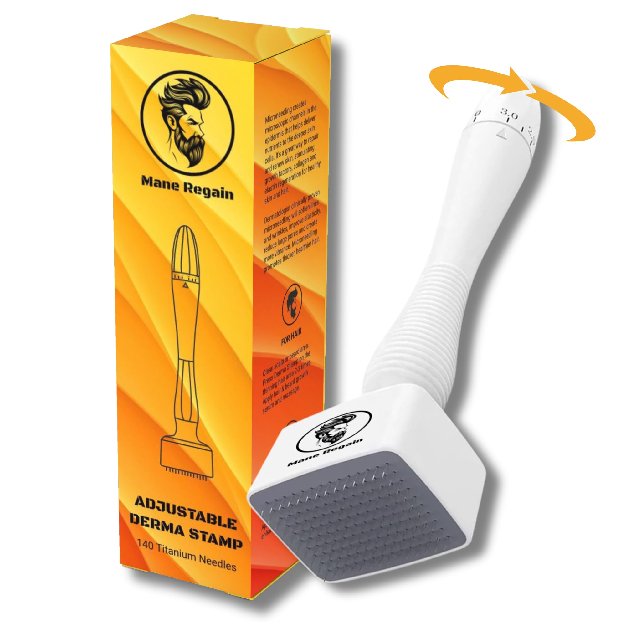 New Derma Stamp 0-3mm Adjustable, 140 Individual Titanium Pins, Microneedling for Men Women at Home, Face, Hair, Scalp and Beard