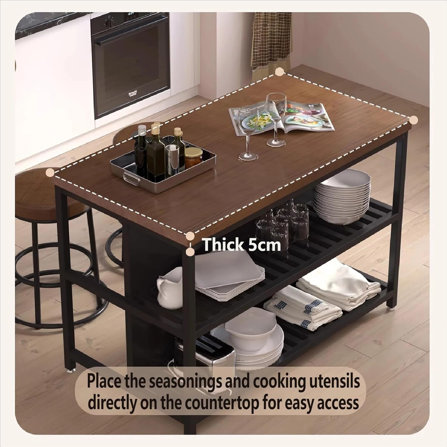 Storage Trolley Kitchen Island with Wood Top Metal Frame & Slatted Shelves for Storage Shelving Organizer(Small)