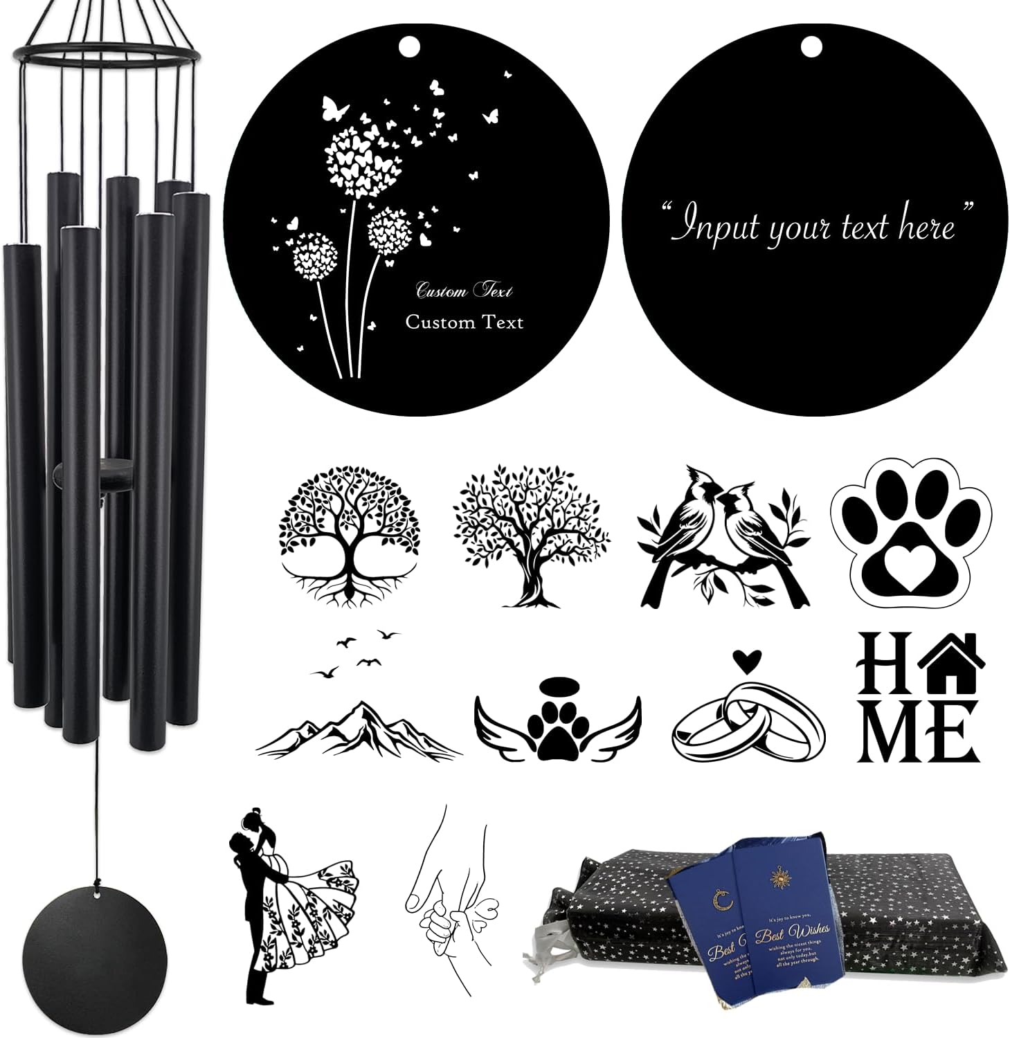 Personalized Engrave Wind Chimes for Outside 36” Black, Custom Gift for Many Occasions, Retirement, Wedding, Sympathy, Pet, Housewarming.Various Design Offered.