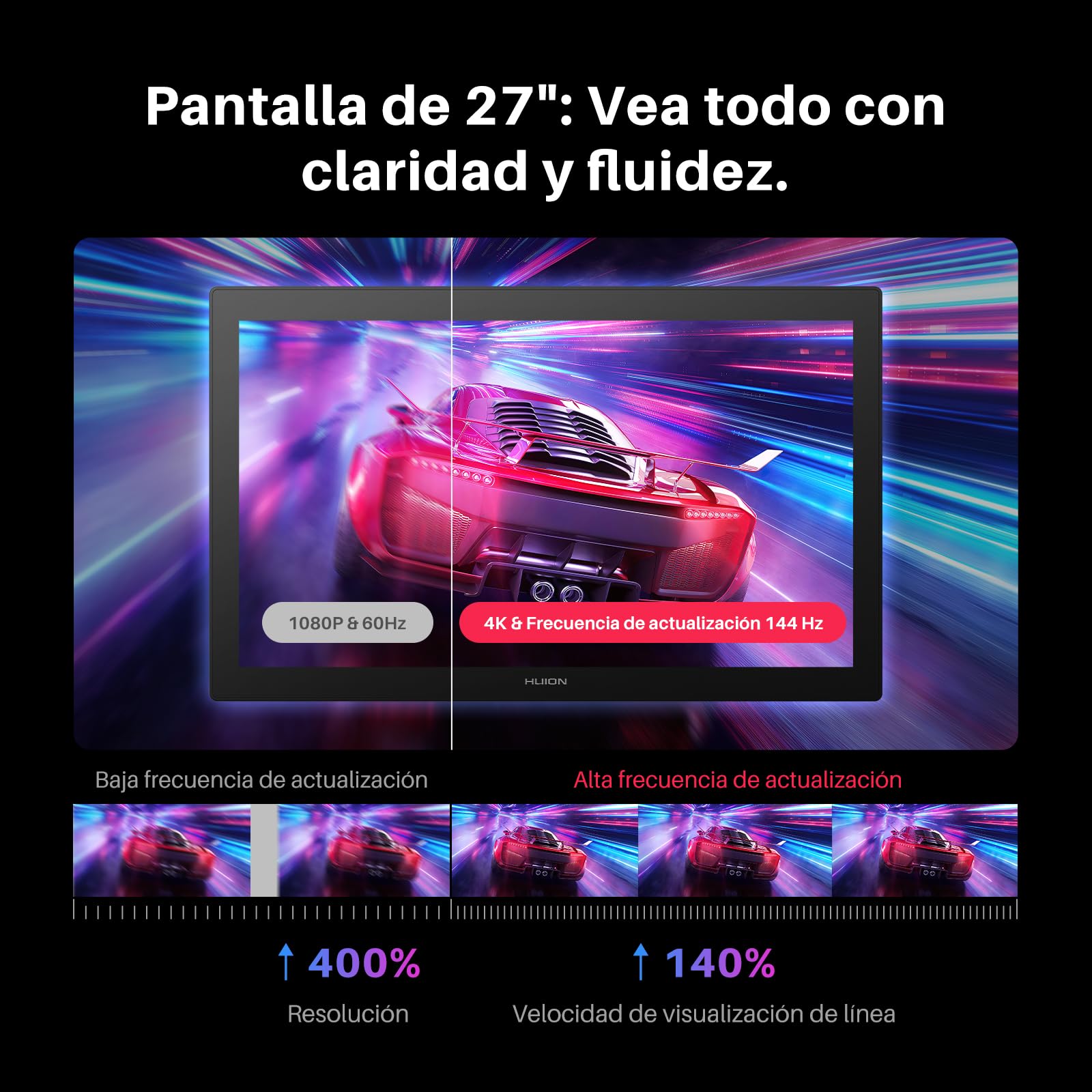 HUION KAMVAS Pro 27 (144Hz) 4K UHD Tableta Gráfica con Pantalla para Dibujo Digital, Lápiz PenTech 4.0 (16384 Niveles), Vidrio Canvas 3.0, △E<1, 98% Adobe RGB, Táctil + Control Remoto Keydial