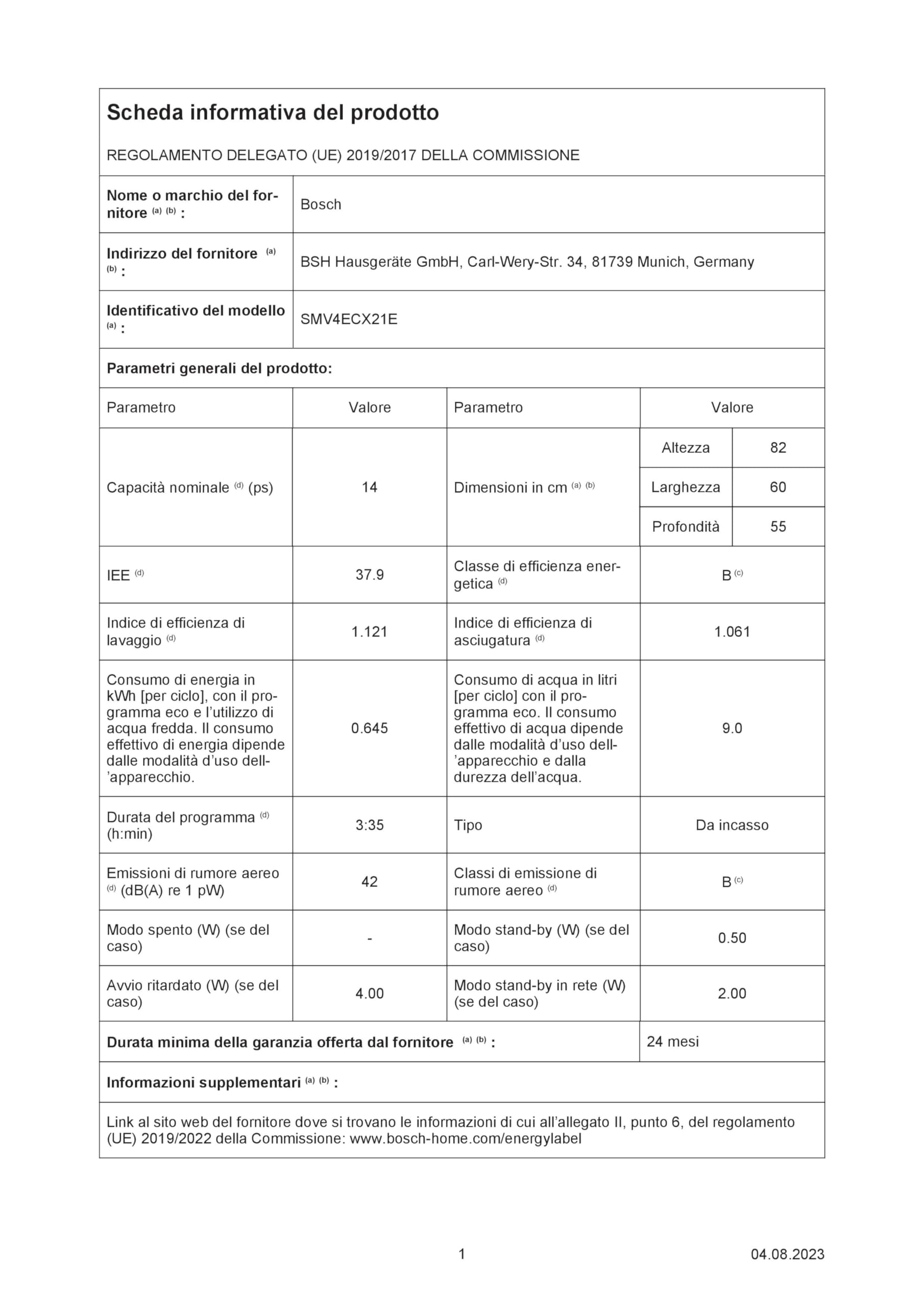 Bosch Elettrodomestici SMV4ECX21E Serie 4, Lavastoviglie da incasso a scomparsa totale, Home Connect, EfficientDry, InfoLight, Programma Preferito, 60 cm