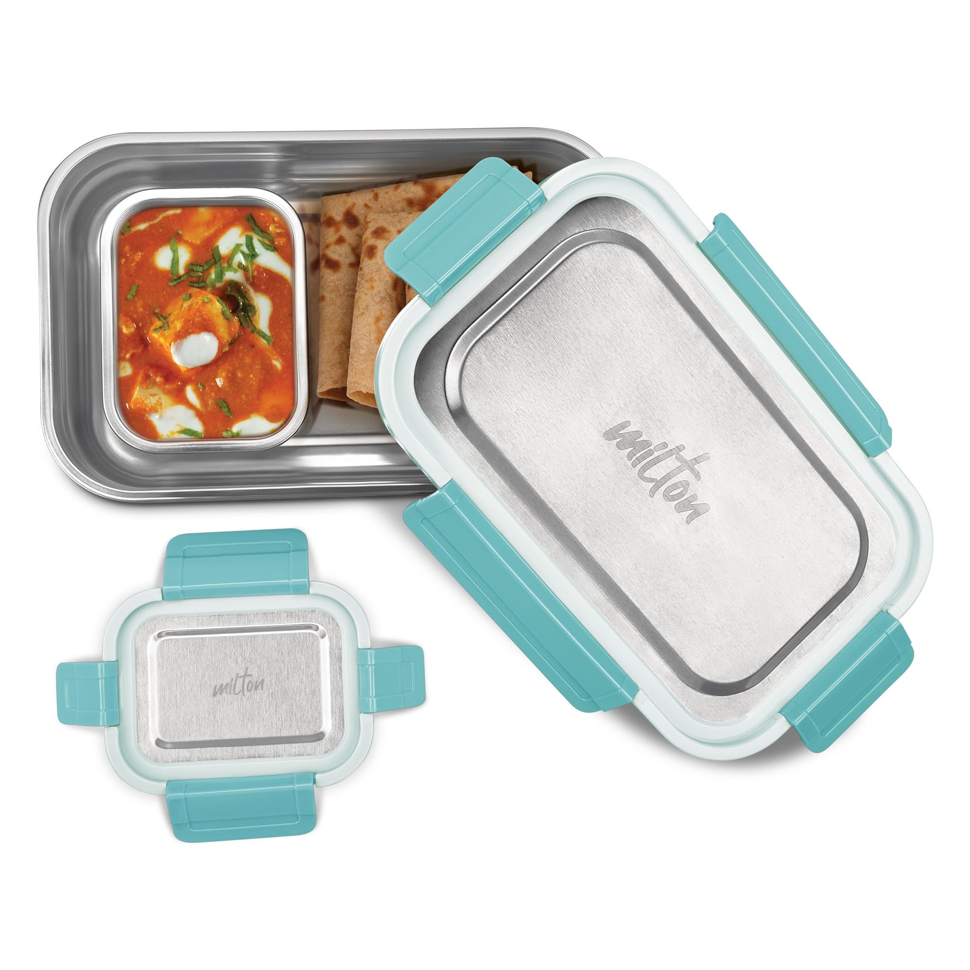 MILTON Home Meal Sr. Stainless Steel Airtight Leak-Proof Lunch Box, Snacks Tiffin for Kids, Light Weight, Easy to Clean, for Office, School, Picnic & Travelling Set of 2 (970,180 ml), Aqua Green