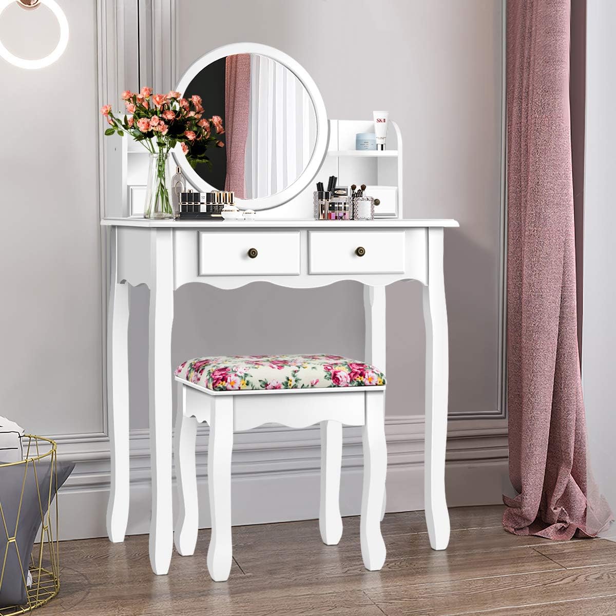 LDAILY Vanity Table Set w/ 360° Rotatable Round Mirror, Dressing Table with Stool, 4 Drawers & 4 Storage Shelves, Home Makeup Vanity Desk for Girls & Women (White)
