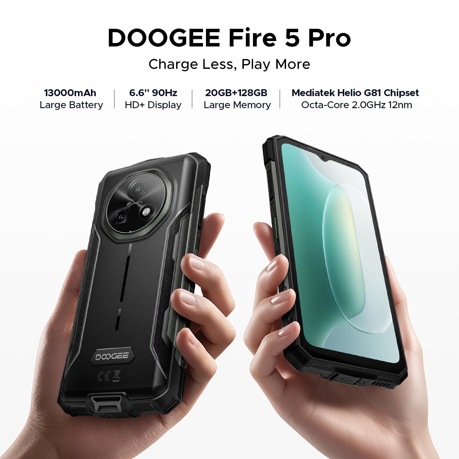 DOOGEE Fire 5 Pro Rugged Phone,13000mAh Battery,Helio G81 Octa Core,Android 15 with Gemini AI,20GB+128GB/2TB,6.6" HD+90Hz Rugged Smartphone,13MP+8MP,IP68 Waterproof Phone,NFC/OTG/Triple Card Slot