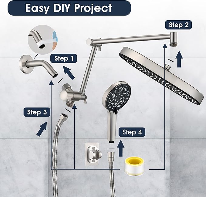 Regadera de lluvia PDPBath 14 pulgadas con brazo extensible y manguera miniatura 9