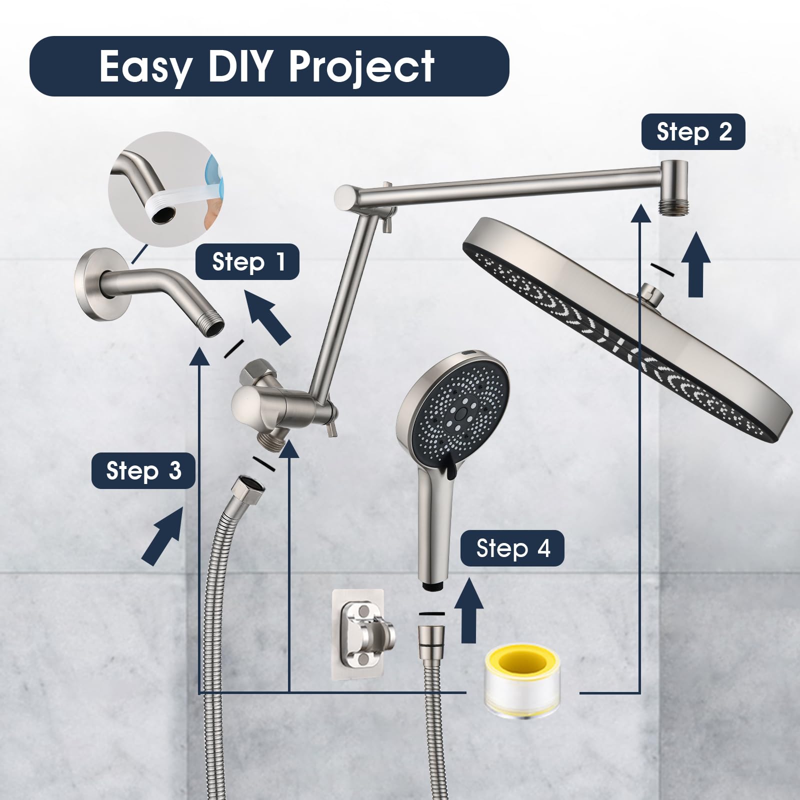 PDPBath Soffione doccia a pioggia da 35,5 cm con 5+1 impostazioni, soffione doccia a pioggia ad alta pressione con braccio di estensione regolabile da 40,6 cm, tubo extra lungo da 200,7 cm, deviatore