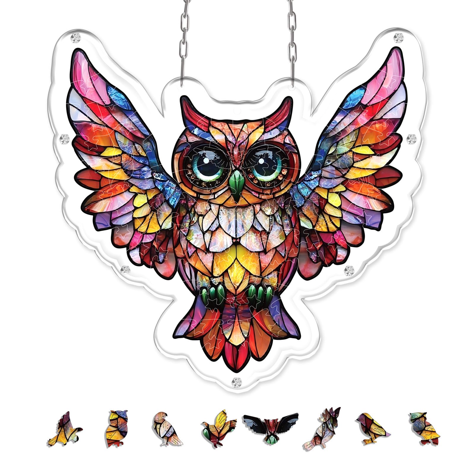Owl Stained Glass Acrylic Irregular Jigsaw Suncatcher 65Pcs Window Hanging Decor DIY Craft Gift