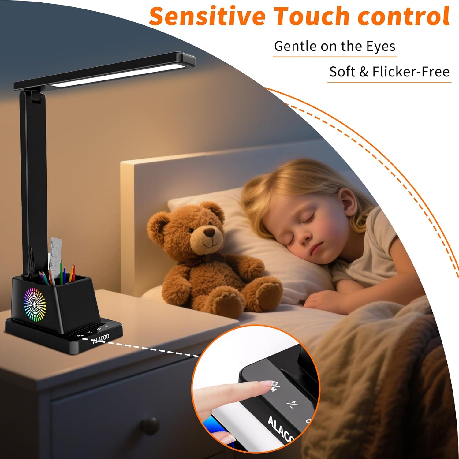 Study Desk Lamp for Office Home, Eye-Caring Desk Light with USB Port & RGB Phone Holder, 3 Color×4 Brightness, Adjustable Arm, Touch-Control Lamp for Kids/Reading (Black)