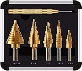 6 Pieces Titanium Coated Straight Flute Step Drill Bit Set. 5 High Speed Steel Step Drill Bits and Automatic Center Punch in Aluminum Box 50 Sizes Total