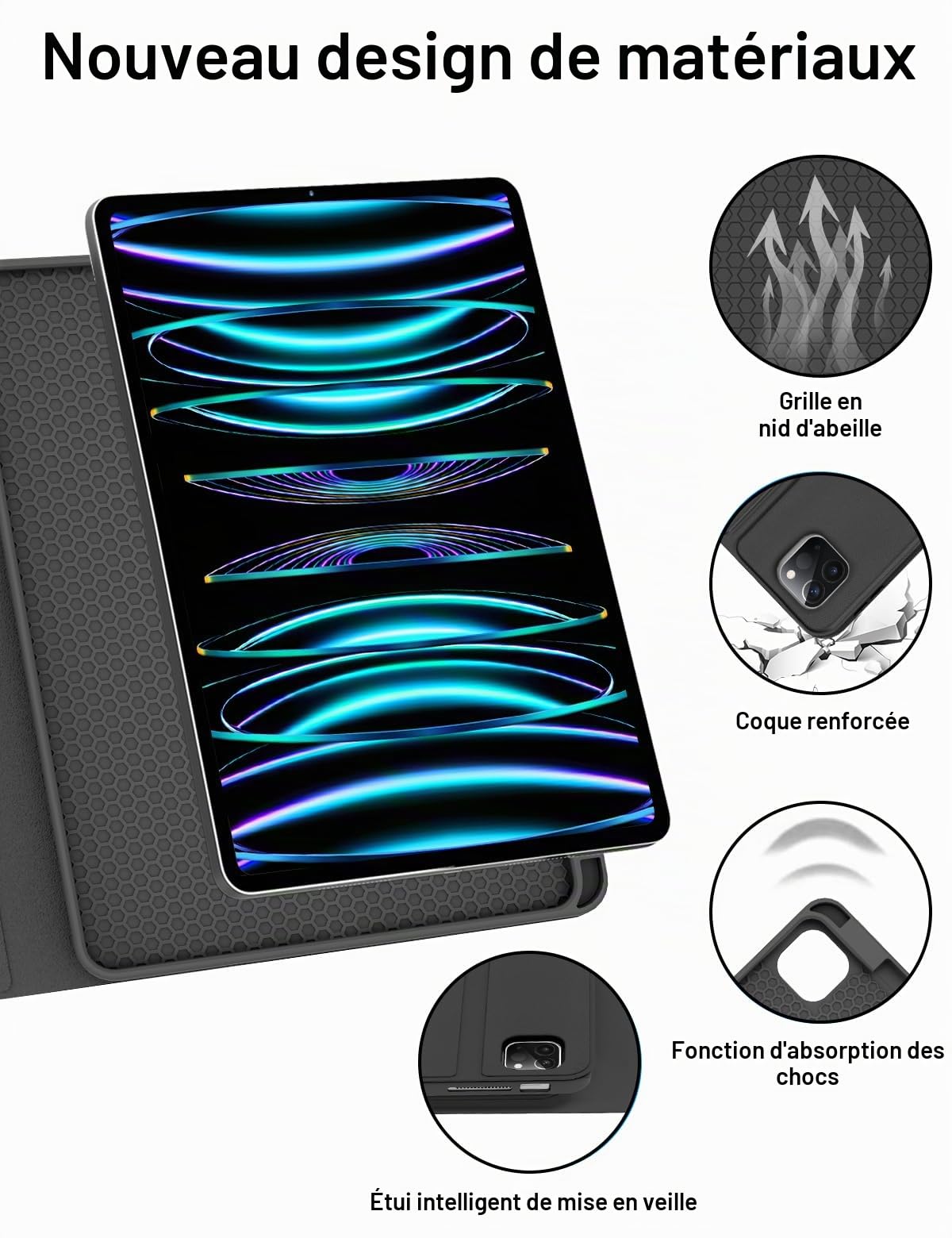 FOGARI Étui Clavier pour iPad Pro 12.9 2022/2021/2020/2018(6/5/4/3 Gén) | AZERTY Français Étui Clavier Magnétique Bluetooth sans Fil pour iPad Pro 12.9 6è/5è/4è/3è Gén, Noir